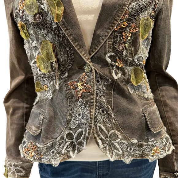 Vintage Lace and Sequin Embellished Denim Blazer Jacket - Picture 3 of 13